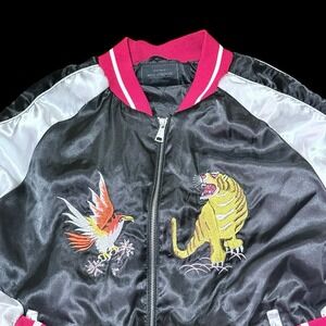 Xl Miss London Black Label Full Zip Satin Jacket Embroidered Japan Tiger Phoenix